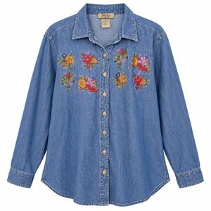 Just My Size Denim Shirt Womens 26W/28W Blue Excellent Floral Embroidered Boho